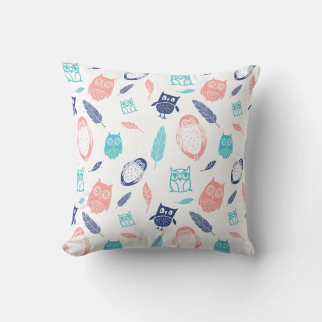 Navy Blue Teal Coral Owls Illustration Pillow (Front)