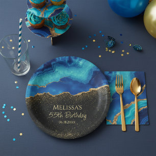 Navy Blue Teal Gold Glitter Abstract Watercolor Paper Plate