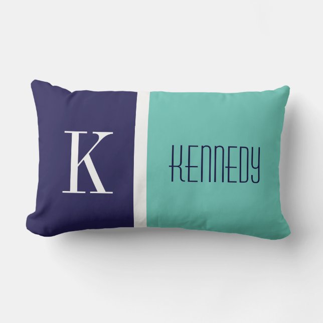 Navy Blue Teal Green Colour Block Stripe Monogram Lumbar Cushion (Front)