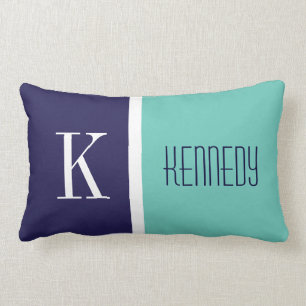 Navy Blue Teal Green Colour Block Stripe Monogram Lumbar Cushion
