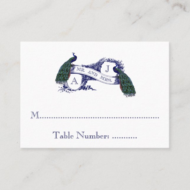 Navy Blue, Teal Peacock Wedding Seating Card (Front)
