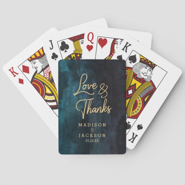 Navy Blue & Teal Watercolor & Gold Wedding Favour Playing Cards (Back)