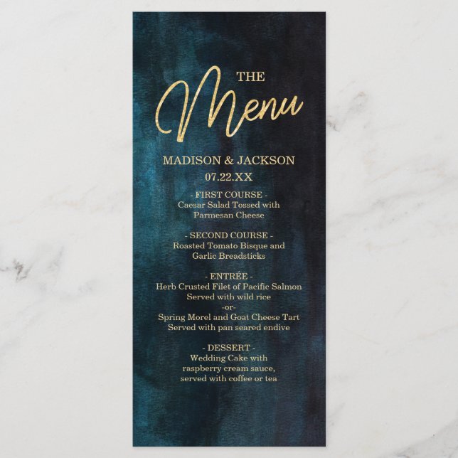 Navy Blue & Teal Watercolor & Gold Wedding Menu (Front)