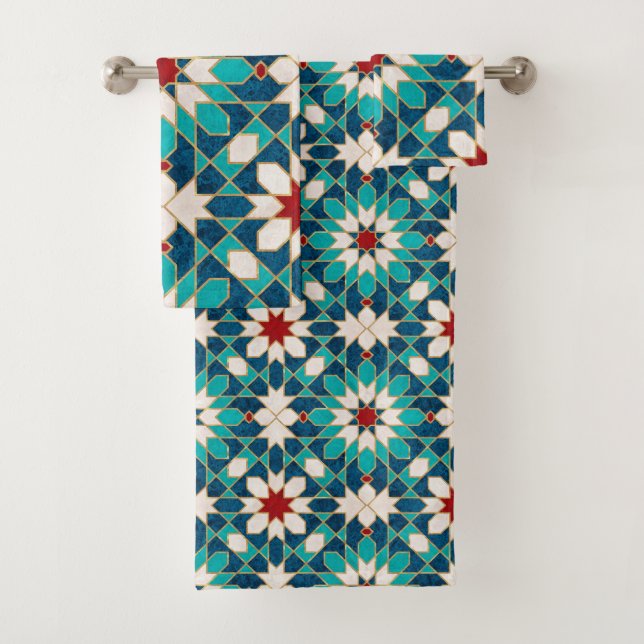 Navy Blue Teal White Red Marble Moroccan Mosaic  Bath Towel Set (Insitu)