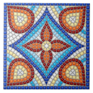 Navy Blue Teal White Red Marble Moroccan Mosaic  Ceramic Tile