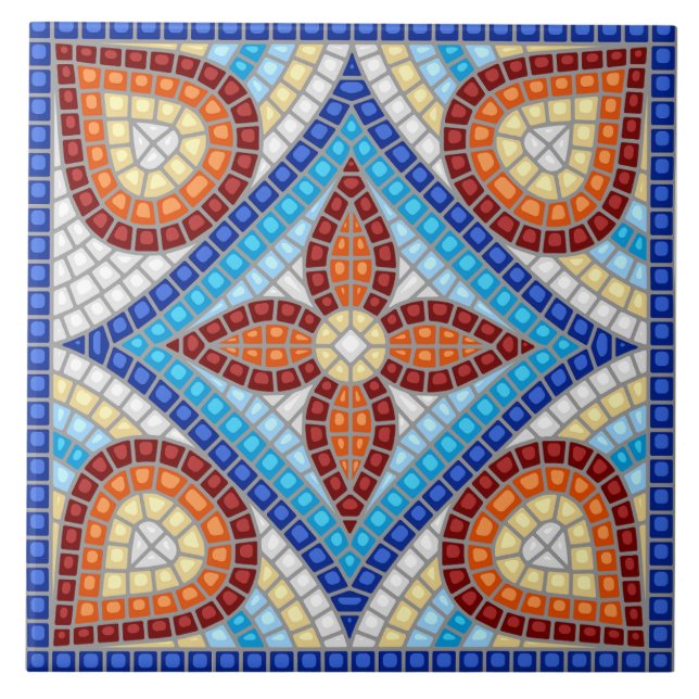 Navy Blue Teal White Red Marble Moroccan Mosaic  Ceramic Tile (Front)