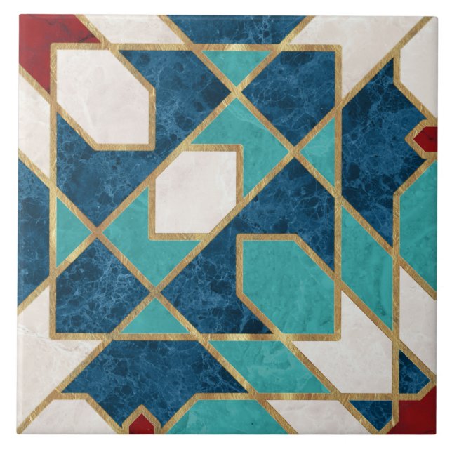 Navy Blue Teal White Red Marble Moroccan Mosaic Ceramic Tile (Front)