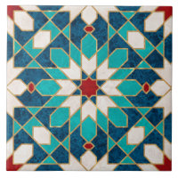 Navy Blue Teal White Red Marble Moroccan Mosaic