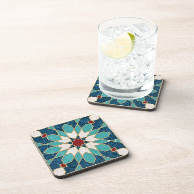 Navy Blue Teal White Red Marble Moroccan Mosaic Coaster (Right Side)