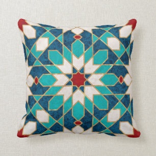 Navy Blue Teal White Red Marble Moroccan Mosaic  Cushion