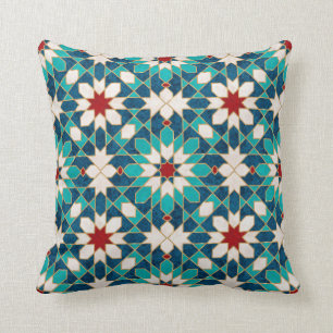 Navy Blue Teal White Red Marble Moroccan Mosaic Cushion