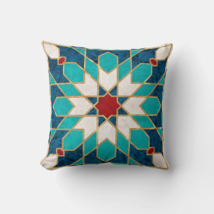 Navy Blue Teal White Red Marble Moroccan Mosaic Cushion