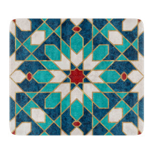 Navy Blue Teal White Red Marble Moroccan Mosaic  Cutting Board