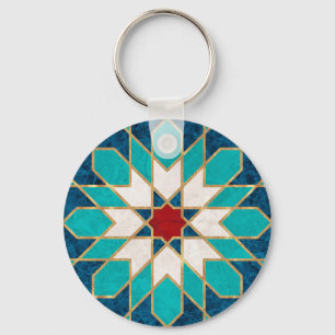 Navy Blue Teal White Red Marble Moroccan Mosaic Key Ring