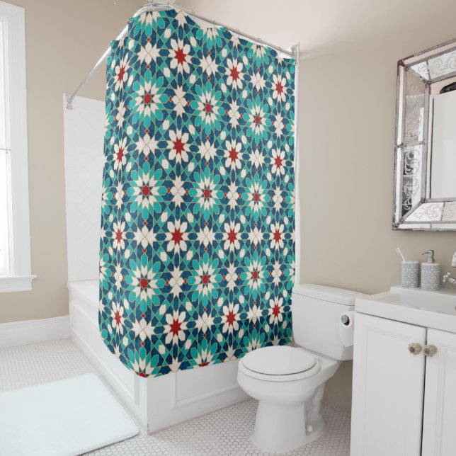 Navy Blue Teal White Red Marble Moroccan Mosaic  Shower Curtain (In Situ)