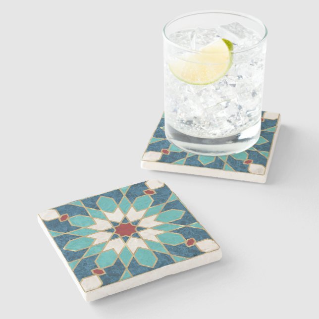Navy Blue Teal White Red Marble Moroccan Mosaic  Stone Coaster (Side)
