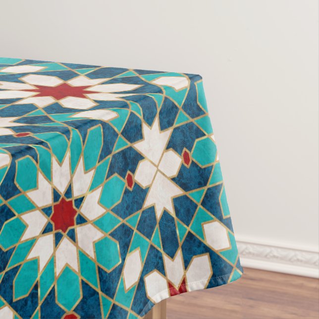 Navy Blue Teal White Red Marble Moroccan Mosaic  Tablecloth (In Situ)