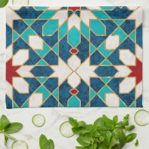 Navy Blue Teal White Red Marble Moroccan Mosaic Tea Towel