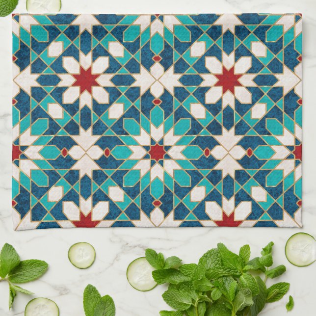 Navy Blue Teal White Red Marble Moroccan Mosaic Tea Towel (Folded)