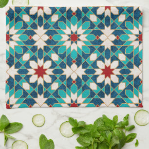 Navy Blue Teal White Red Marble Moroccan Mosaic Tea Towel