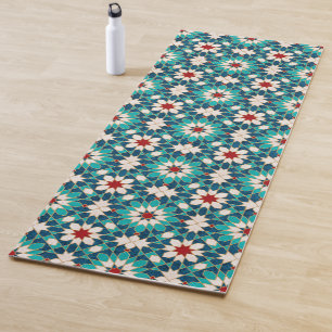 Navy Blue Teal White Red Marble Moroccan Mosaic Yoga Mat