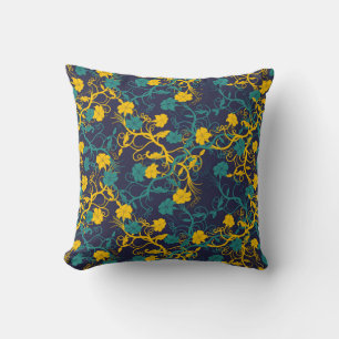 Navy Blue Teal & Yellow Modern Floral Pattern Cushion