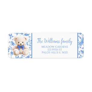 Navy blue teddy bear baby shower return address  label