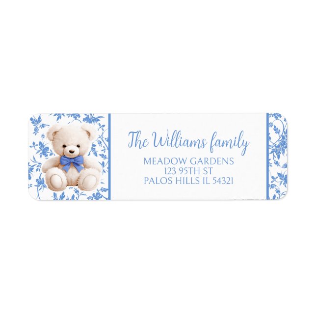 Navy blue teddy bear baby shower return address  label (Front)