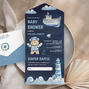 Navy Blue Teddy Bear Nautical Boat Baby Shower All In One Invitation