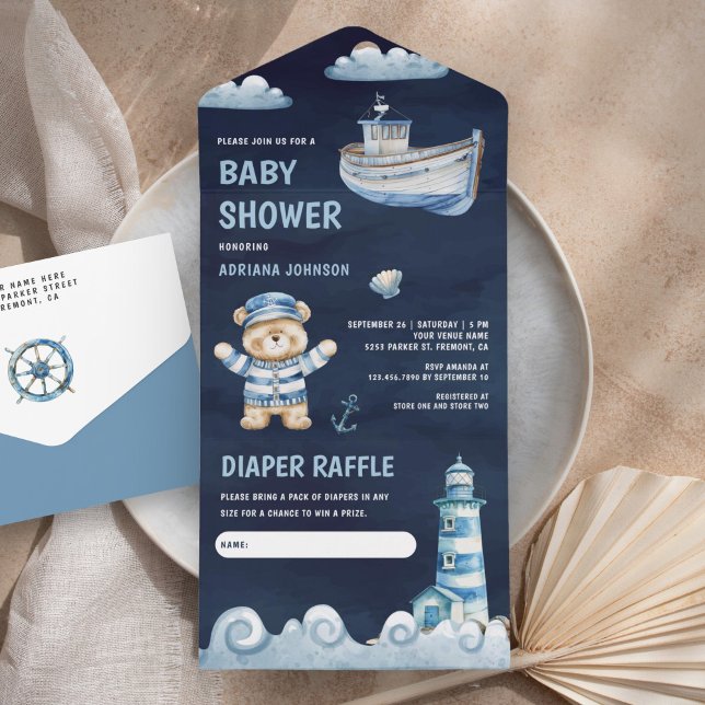 Navy Blue Teddy Bear Nautical Boat Baby Shower All In One Invitation (Creator Uploaded)