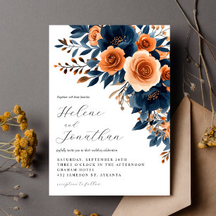 Navy Blue Terracotta Burnt Orange Elegant Wedding Invitation