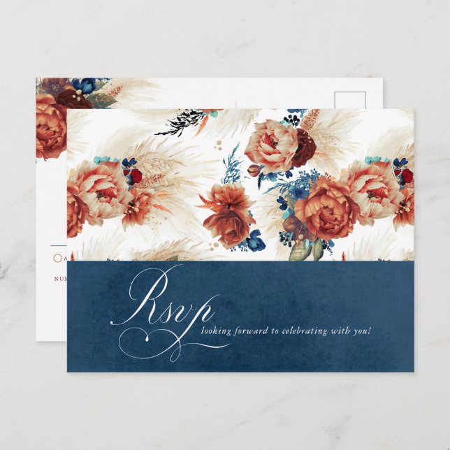 Navy Blue Terracotta Floral Boho Wedding RSVP Postcard (Front/Back)