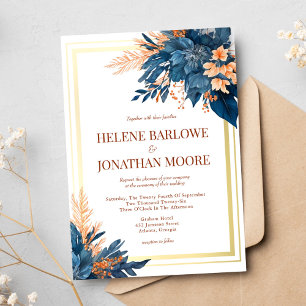 Navy Blue Terracotta Gold Floral Elegant Wedding Invitation