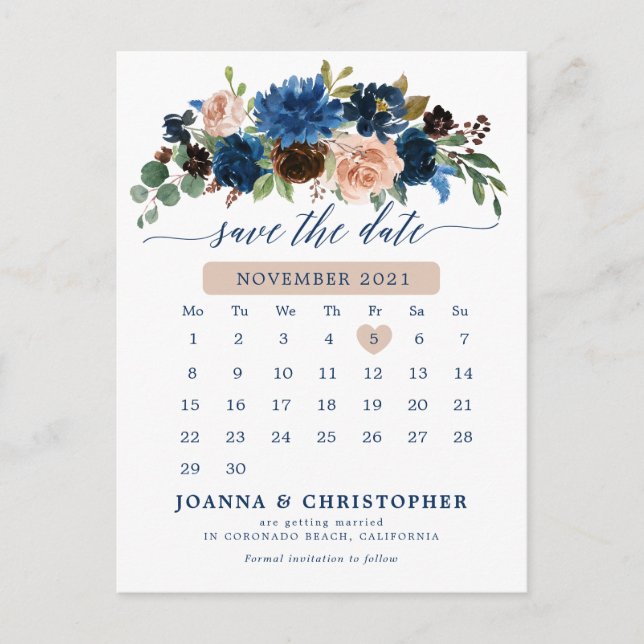 Navy Blue Terracotta Rose Botanical Save the Date Announcement Postcard (Front)