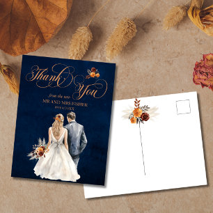Navy Blue Terracotta Rust Fall Thank You Wedding Postcard