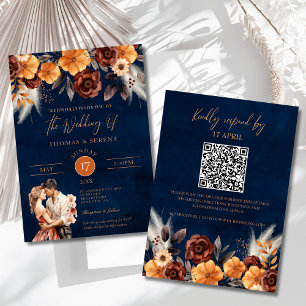 Navy Blue Terracotta Rust QR Code Pampas Grass Invitation