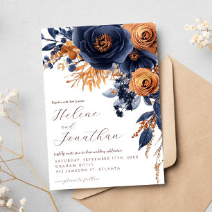 Navy Blue Terracotta Watercolor Elegant Wedding Invitation