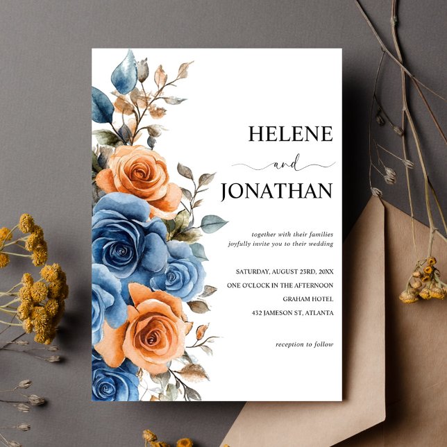 Navy Blue Terracotta Watercolor Elegant Wedding Invitation (Navy Blue Terracotta Watercolor Elegant Wedding Invitation)