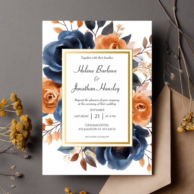 Navy Blue Terracotta Watercolor Elegant Wedding Invitation (Navy Blue Terracotta Watercolor Elegant Wedding Invitation)