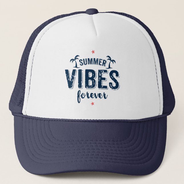 Navy Blue Text Design Summer Vibes Forever Trucker Hat (Front)