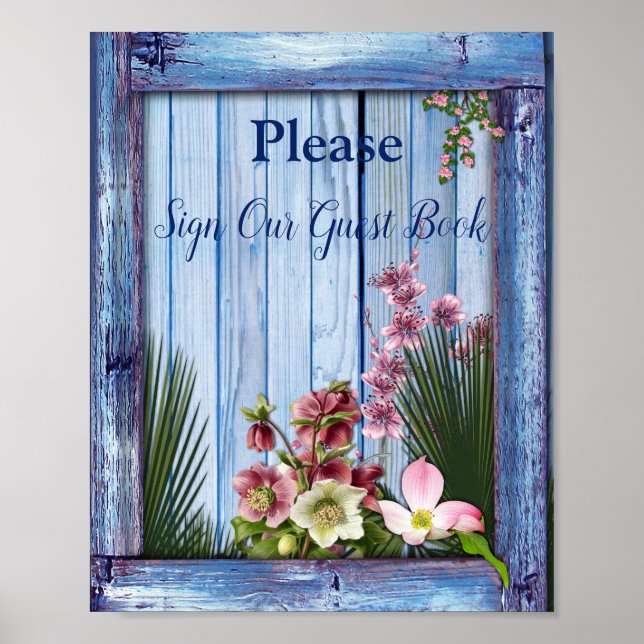 Navy - Blue Textured & Pink Flowers Poster (Front)