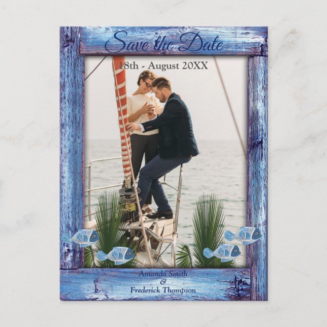 Navy - Blue Textured Wood & fish Save the Dates Announcement Postcard (Front)