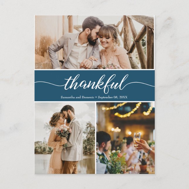 Navy Blue Thankful Wedding Photo Collage Postcard (Front)