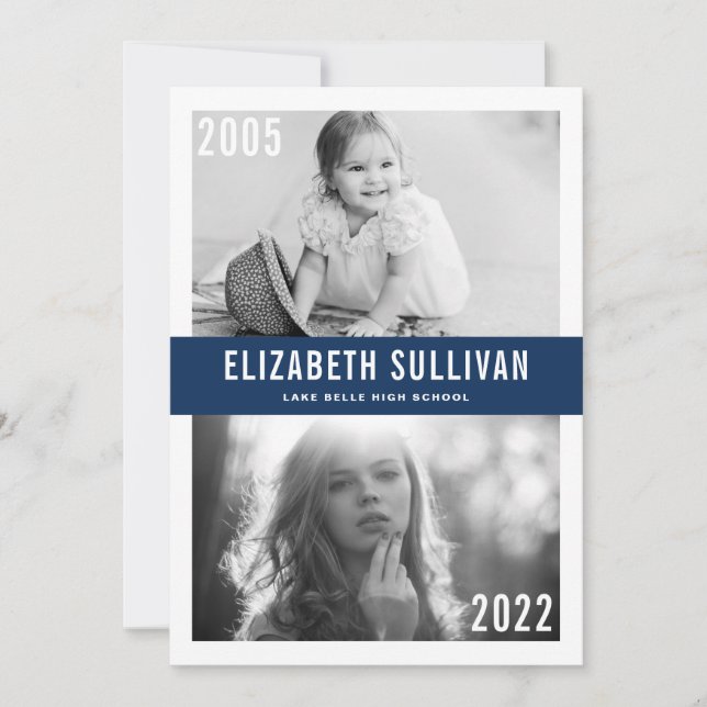 Navy Blue Then and Now Class of 2022 Graduation Announcement (Front)