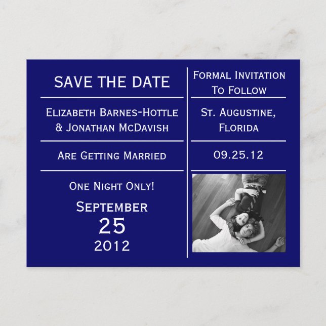 Navy Blue Ticket Photo Save The Date Announcement Postcard (Front)
