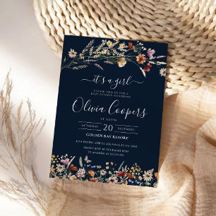 Navy Blue Tiny Wildflower Baby Shower Invitation