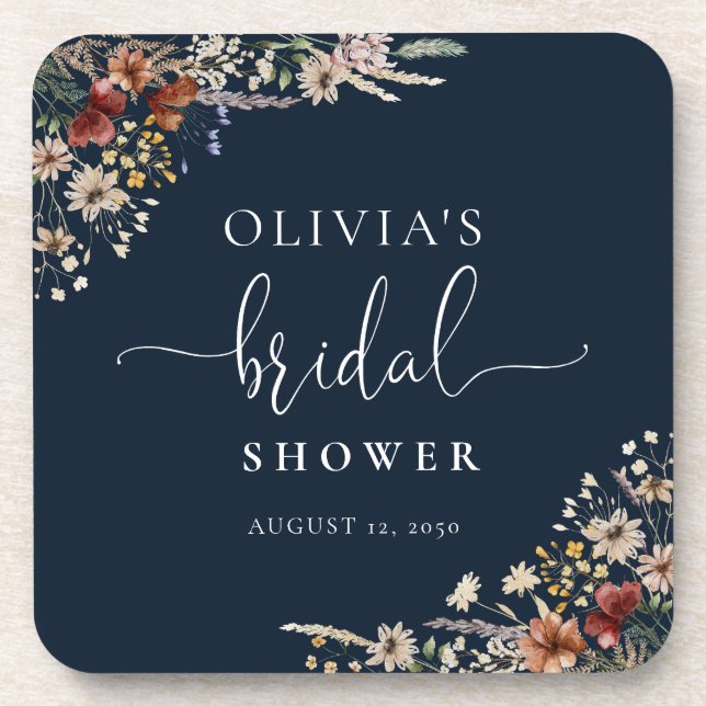 Navy Blue Tiny Wildflower Bridal Shower Coaster (Front)
