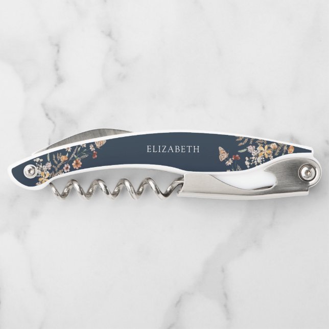 Navy Blue  Tiny Wildflower Bridal Shower Corkscrew (Back)