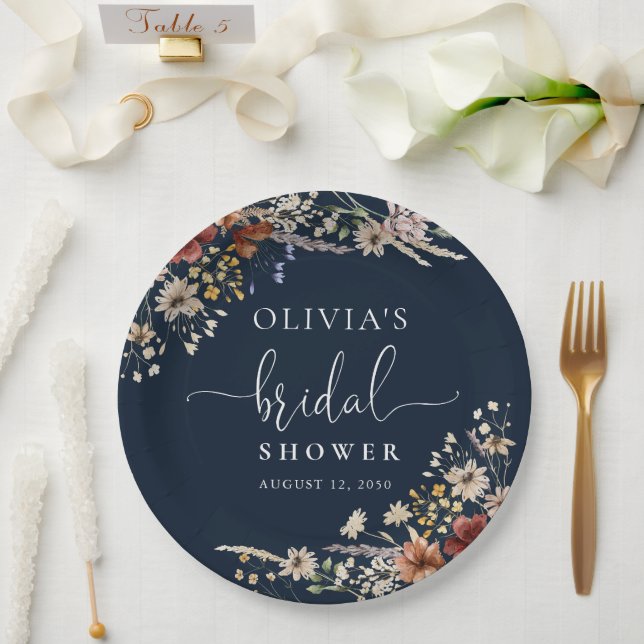 Navy Blue Tiny Wildflower Bridal Shower  Paper Plate (Wedding)