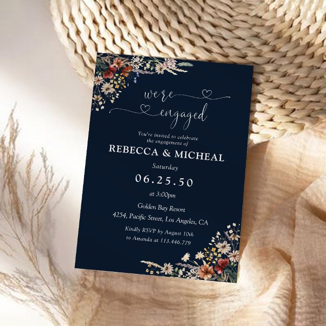 Navy Blue Tiny Wildflower Engagement Party  Invitation (Creator Uploaded)